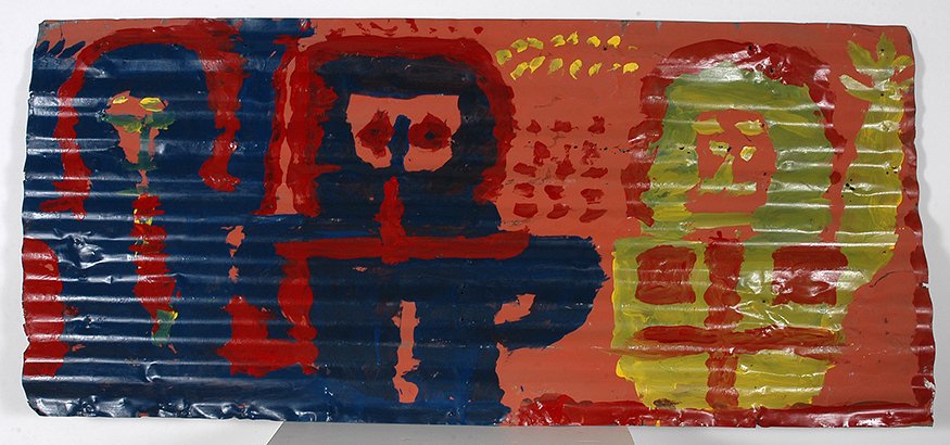 Mary T. Smith. Red, Blue & Yellow-Green Figures.: Mary T. Smith. Red, Blue and Yellow-Green Figures.Signed. Paint on tin. Excellent condition. 60” w x 27”h. Excellent condition. Photo Mary T. with piece in her environment. Est. $1,000-2,000. Ship