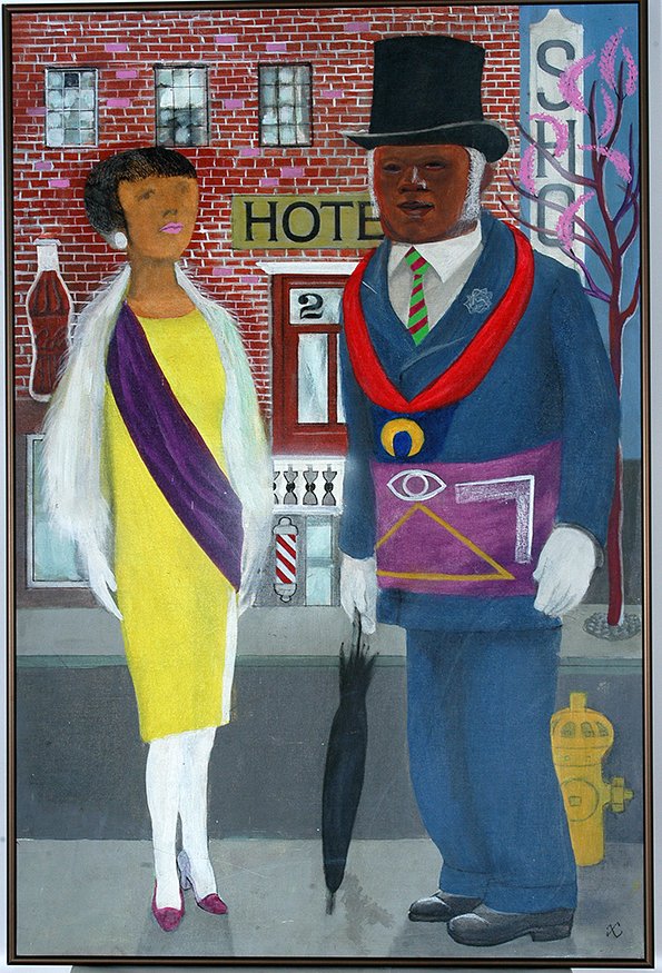 Mr. Thornton. Masonic Couple.: Mr. Thornton. Masonic Couple.c. 1999. Signed with “X”. Acrylic on canvas panel. Minor scrape on woman’s feet, otherwise great condition. 24” x 36”. Est. $500-1,000. Ship: $75