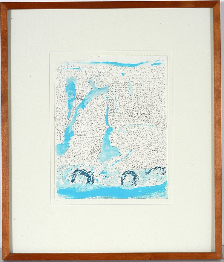 J.B. Murry. Sm. Automatic Writing & Blue Faces.: J.B. Murry. Small Automatic Writing And Blue Faces.Ink and watercolor on paper. Excellent condition. Image is 8.5” w x 10”h. Frame is 16” w x 19”h. Est. $800-1,200. Ship: $45