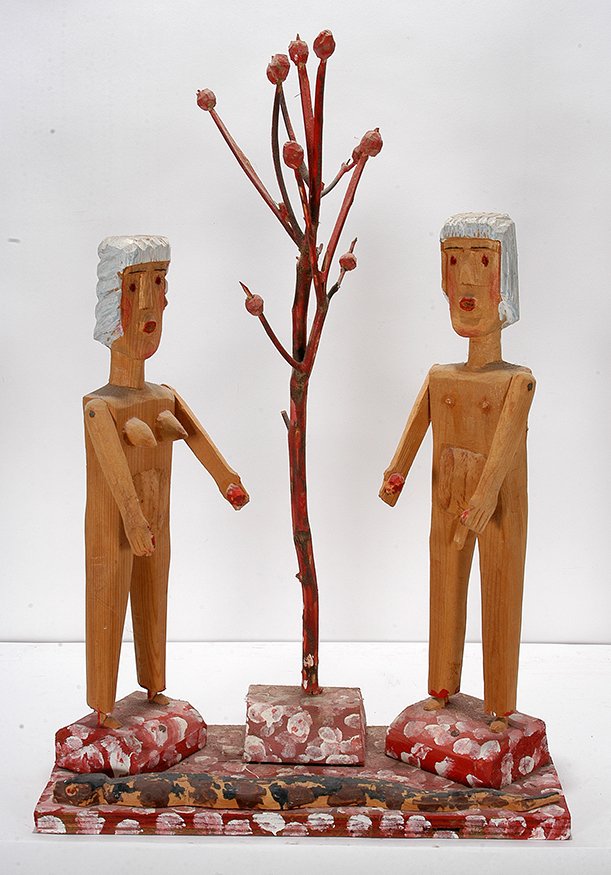 Carl McKenzie. Adam And Eve.: Carl McKenzie. Adam And Eve.1989. Signed and dated. Carved and painted wood. Excellent condition. A McKenzie Masterpiece. 16” x 7”x 24”. Est. $800-1,200. Ship: $150