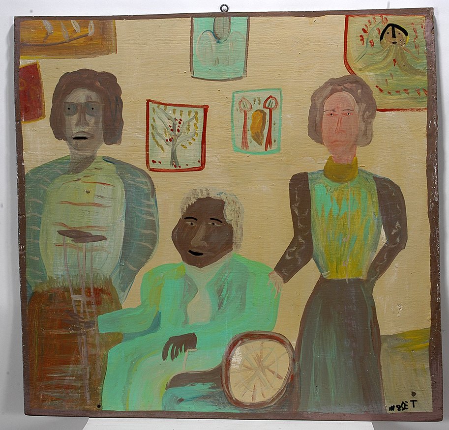 Mose Tolliver. Mose Goes To Washington.: Mose Tolliver. Mose Goes To Washington.Signed. Oil on board. Excellent condition. 33” x 32”. Photo in Summer, 1995, Raw Vision, page 22 features Mose Tolliver, Willie Mae and Nancy Reagan at the C