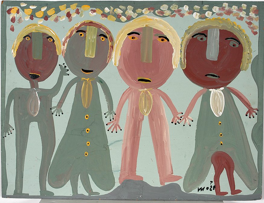 Mose Tolliver. Family.: Mose Tolliver. Family.Signed. Not dated. Paint on found board. Great condition. 32”w x 24”h. Est. $500-800. Ship: $55