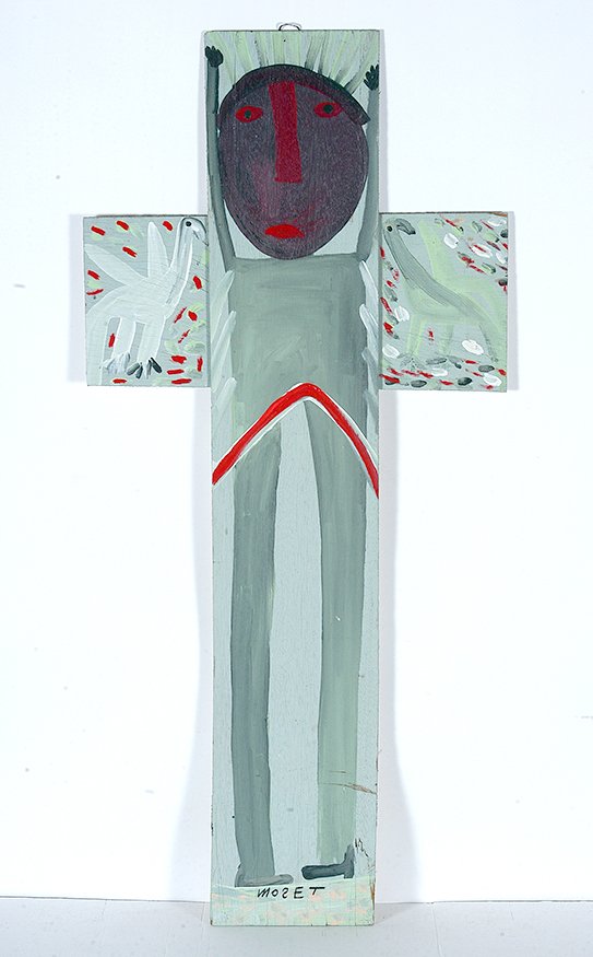 Mose Tolliver. Jesus On The Cross.: Mose Tolliver. Jesus On The Cross.Signed. Not dated. Paint on paneling. Minor separation on bottom corner, otherwise good condition. 20” w x 42”h. Est. $300-600. Ship: $65