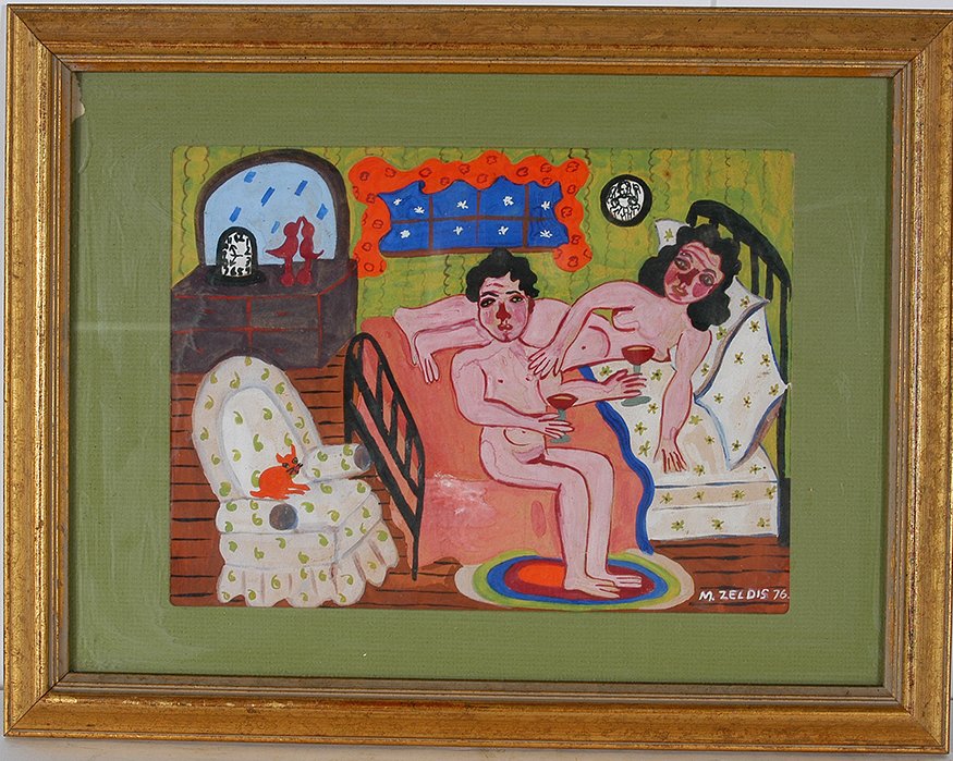 Malcah Zeldis. Malcah And Her Lover.: Malcah Zeldis. Malcah And Her Lover.1976. Signed and dated. Paint and watercolor on paper. Minor condition problems. Image is 12” x 9”. Frame is 18” x 14”. Est. $400-800. Ship: $35