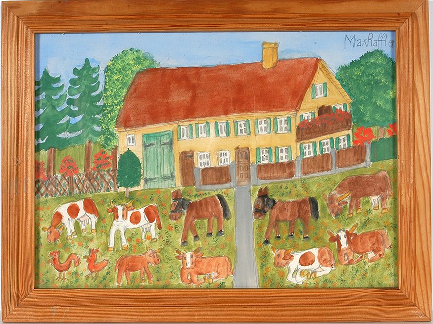 Max Raffler. Farm House & Animals.: Max Raffler (German 1902-1988). Farm House And Animals.Signed. Not dated. Watercolor and pencil on paper. Excellent condition. 18” x 14” including frame. Est. $400-800. Ship: $45