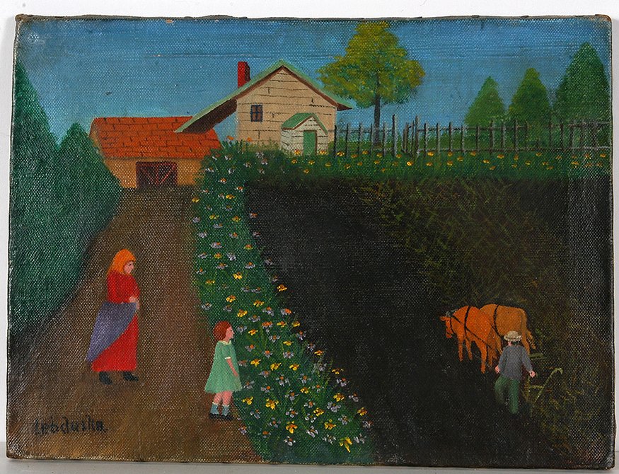 Lawrence Lebduska. Plowing Field.: Lawrence Lebduska. Plowing Field Of Homestead.c. 1940’s. Signed. Not dated. Oil on small canvas. Excellent condition. 12” w x 9”. Est. $800-1,200. Ship: $35