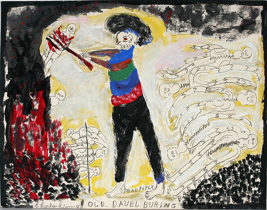 Charlie Kinney. Old Davel Burning Bad Peple (sic.): Charlie Kinney. Old Davel Burning Bad Peple (sic.)Signed and titled. Paint and pencil on poster. Excellent condition. 28” w x 22”h. Est. $1,000-1,500. Ship: $45