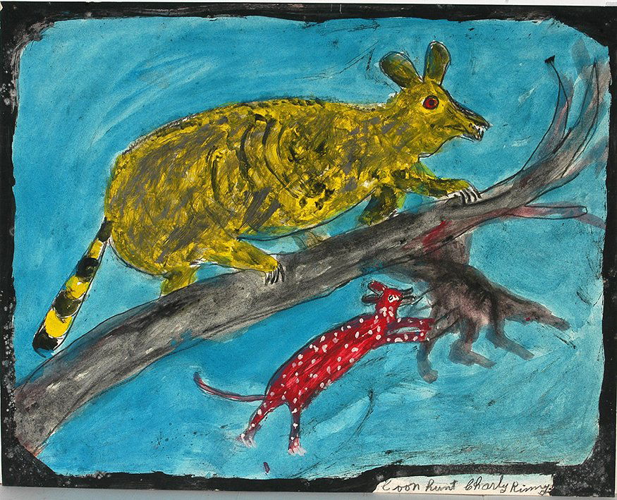 Charlie Kinney. Coon Hunt.: Charlie Kinney. Coon Hunt.Signed and titled. Paint and watercolor on poster. Excellent condition. 28” w x 22”h. Est. $300-500. Ship: $45