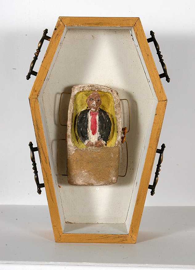 James Son Ford Thomas. Man In Dbl. Coffin.: James Son Ford Thomas. Man In Double Coffin.Painted unfired clay, wood, wire and drawer pulls. Great condition. 5” x 17.5” x 11”. Est. $200-400. Ship: $65