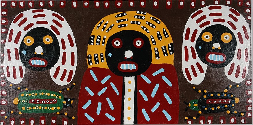 Richard Burnside. 3 Faces 2 Insects.: Richard Burnside. Three Faces Two Insects.1991. Signed and dated. Paint on board. 48” w x 24”h. Excellent condition. Est. $400-600. Ship: $100
