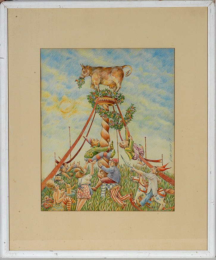 Frans Coes. Golden Cow.: Frans Coes (Belgium). Golden Cow.c. 1981. Signed. Image is 18” w x 22”h. Frame is 29” w x 35”h. Est. $300-500. Ship: $85