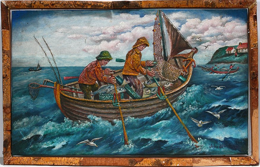 John W. Johnson. Bring In The Fish Nets.: John W. Johnson. Bring In The Fish Nets.Signed. Not dated. Oil with heavy impasto on canvas, stretched over masonite. Great condition. Size with frame is 25” w x 16”h. Est. $500-800. Ship: $45