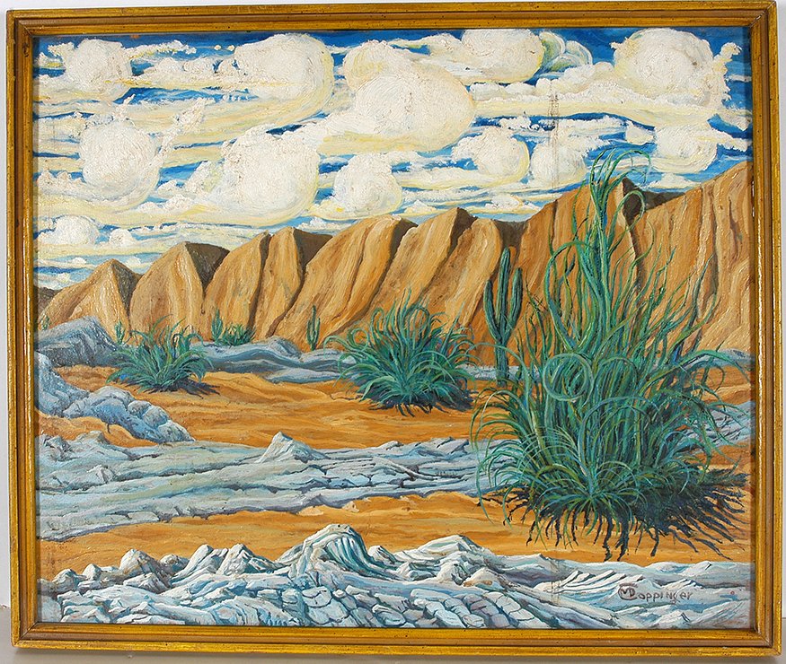 Martin Dean Coppinger. Desert Cliffs.: Martin Dean Coppinger. Desert Cliff With Rolling Clouds.Signed. Oil on masonite. Paint rubs, otherwise good condition. 25” w x 21”h with frame. Est. $200-400. Ship: $45