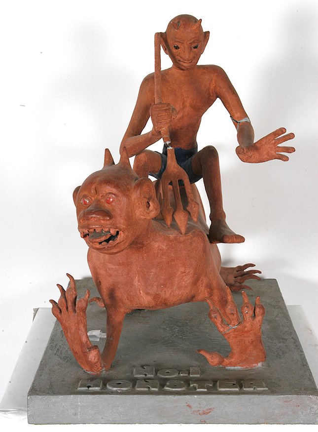 Samuels Sims. Number 1 Monster.: Samuels Sims. Number 1 Monster.c. 1969. Signed and titled. Mixed media with wire and paint on board. 20” x 21” x 15”. Some condition problems. Multiple breaks in arms, tail and spear. Featured i
