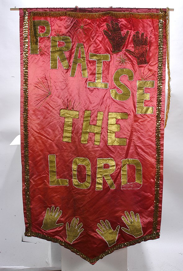 African Am. Church Banner. Praise The Lord.: African American Church Banner. Praise The Lord. Sequins, paint and glitter on nylon. Good condition. 39” x 69”h. Est. $300-400. Ship: $45