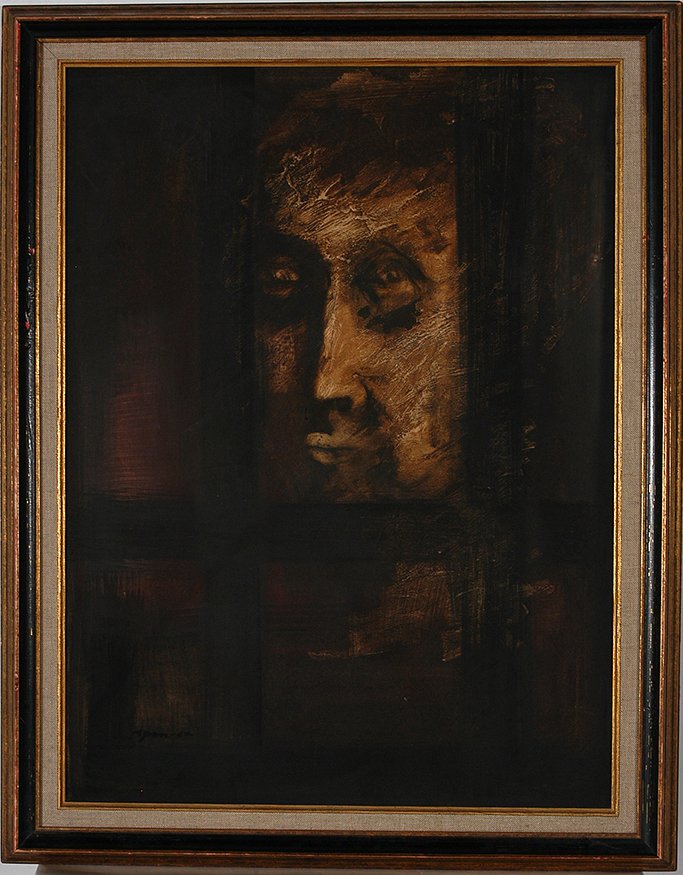 Byron. Face At Bars.: Byron. Face At Bars. 1964. Signed and dated. Oil on artist board. Great condition. Size with frame is 21” w x 26”h. Est. $200-300. Ship: $55