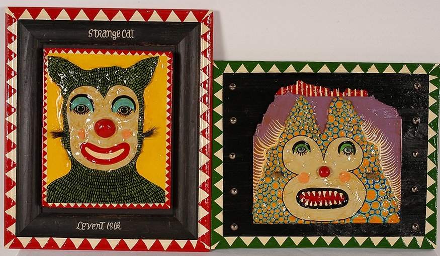 Levent Isik. Fat Cat and Strange Cat.: Levent Isik. Fat Cat and Strange Cat. 2008. Signed and dated. Paint and mixed media on board. Excellent condition. 12” x 14” average size. Est. $200-400. Ship: $35