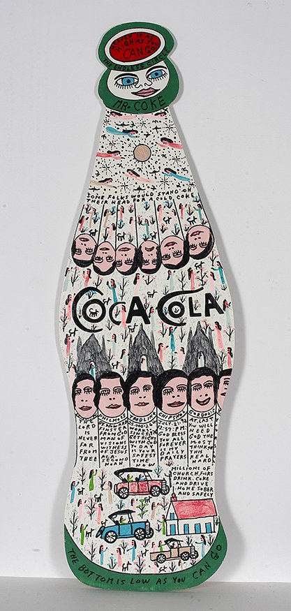 Howard Finster. Coca-Cola Bottle.: Howard Finster. Coca-Cola Bottle, #25,264. 1992. Signed, dated and numbered. Paint and marker on cut out board. Excellent condition. 34”h. Est. $800-1,200. Ship: $55
