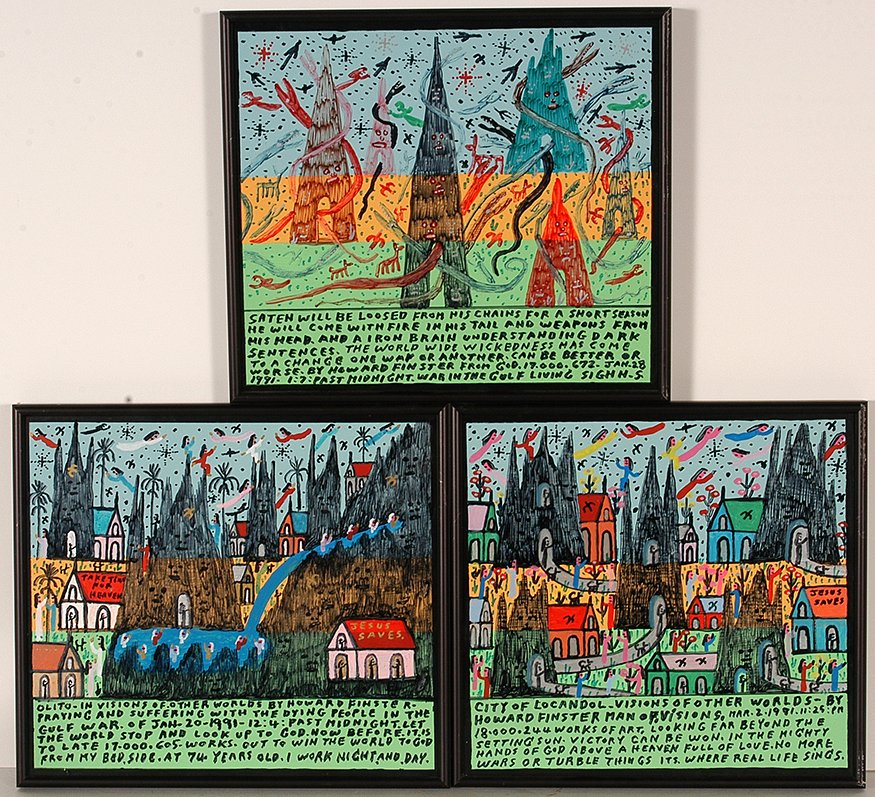Howard Finster. Three Works.: Howard Finster. Three Works. 1991. #18,244, #17,605, #17,672. Signed, dated and numbered. Paint and marker on masonite. Great condition. Average size is 11” x 10”. Est. $300-600. Ship: $45