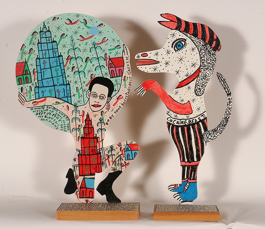 Howard Finster. Howard Holding World & Cocaine Beast.: Howard Finster. Howard Holding the World & Cocaine Beast. c. 1998. Signed. Paint on boards with paper labels. Excellent condition. Average size is 12”h. Est. $300-400. Ship: $45