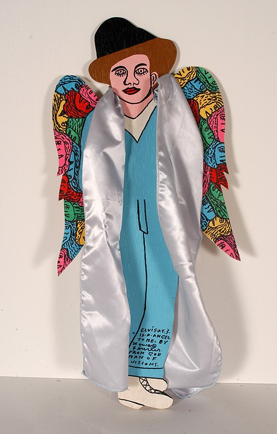 Howard Finster. Elvis At 3.: Howard Finster. Elvis At 3, #34,504. 1994. Signed, dated and numbered. Paint and marker on cutout board with attached silk scarf. Excellent condition. 10.5” w x 24”h. Est. $400-600. Ship: $45
