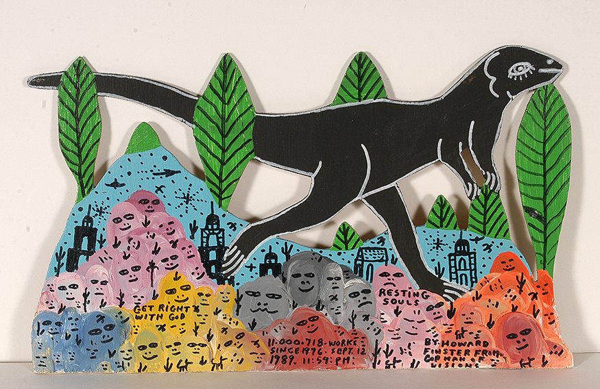 Howard Finster. Black Dinosaur, #11,718.: Howard Finster. Black Dinosaur, #11,718. 1989. Paint and marker on wooden cutout. Excellent condition. 19” x 11”. Est. $400-600. Ship: $55