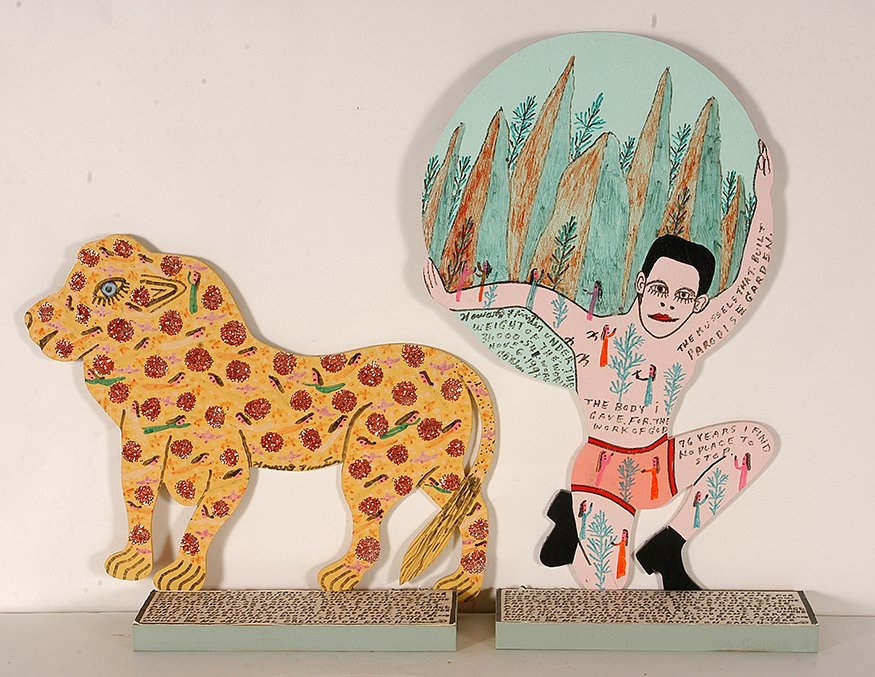 Howard Finster. Pair Of Works.: Howard Finster. Pair Of Works. 1993. #31,591 and 31,288. Mixed media on cut out wood with paper label. Average size is 16”h. Est. $200-300. Ship: $45