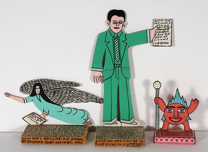 Howard & Michael Finster. Three Works.: Howard & Michael Finster. Three Works. 1990-91. Signed and dated. Painted wooden cutouts. One is broken away from stand, otherwise great condition. Tallest is 8”h. Est. $100-200. Ship: $35