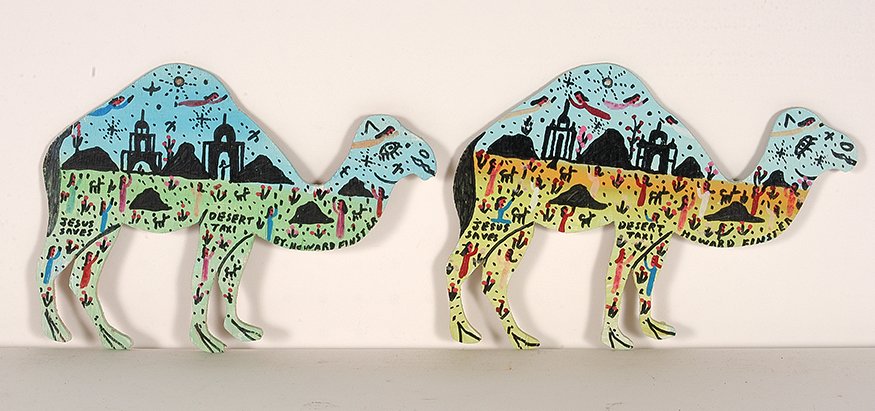 Howard Finster. Pair of Desert Taxis.: Howard Finster. Pair of Desert Taxis. Signed. #12,041 and 12,045. Paint and marker on cut out board. Excellent condition. Est. $100-300. Ship: $30