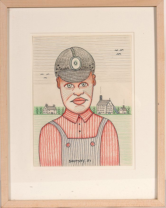 Jack Savitsky. Coal Miner’s Portrait.: Jack Savitsky. Coal Miner’s Portrait. 1987. Signed and dated. Ink, colored pencil and crayon on paper. 9” x 12”. Frame is 15” x 18” h. Excellent condition. Est. $300-500. Ship: $35