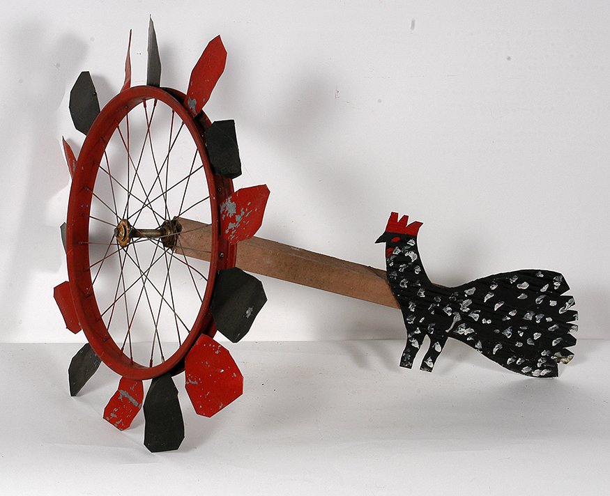 R.A. Miller. Chicken Whirligig.: R.A. Miller. Chicken Whirligig. Signed. Paint on tin with bike wheel. Great condition. 24”diameter x 33”. Est. $100-200. Ship: $150