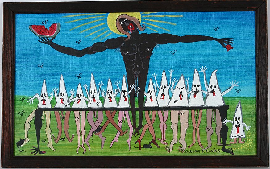 Sallie Lou P. Eakins. Last Supper Klan Style.: Sallie Lou P. Eakins. The Last Supper Klan Style. 1989. Signed, dated and titled. Acrylic on canvas panel. Excellent condition. 21” x 13”h. Est. $100-200. Ship: $35