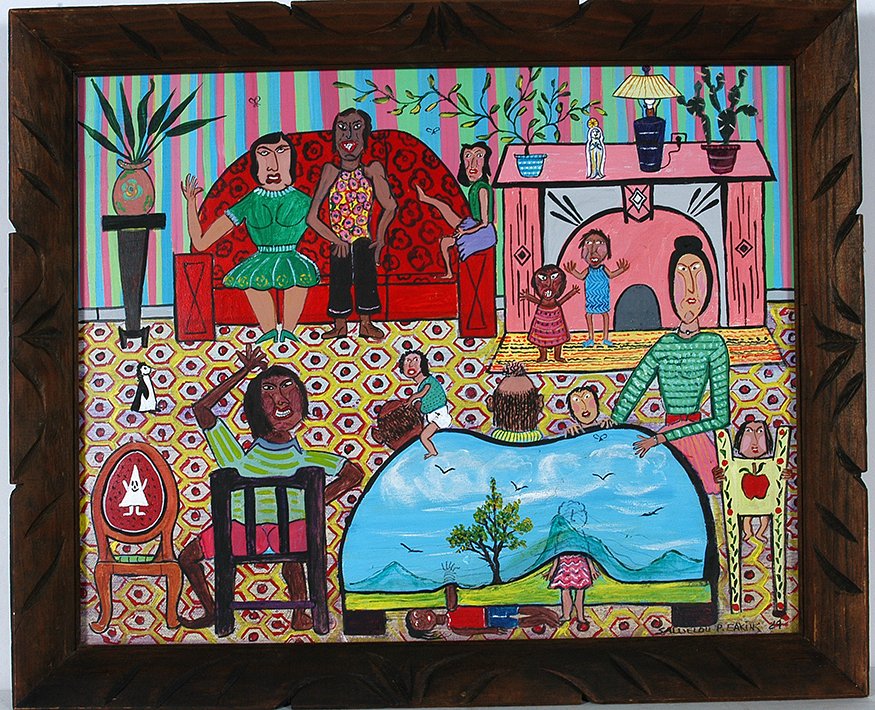 Sallie Lou P. Eakins. Under The Slip Cover.: Sallie Lou P. Eakins. Under The Slip Cover. 1989. Signed, dated and titled. Acrylic on canvas panel. Excellent condition. 22” x 18”h. Est. $200-300. Ship: $45