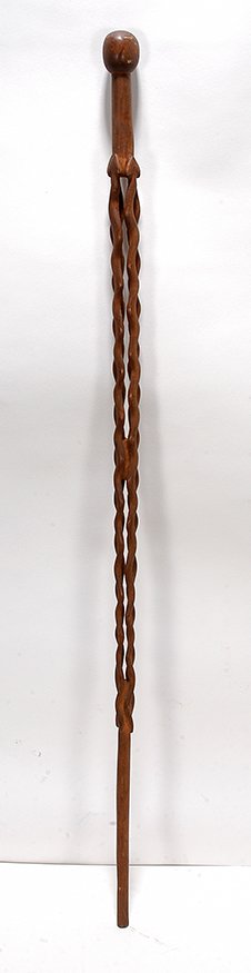 Cage Cane w 4 Snakes w Heart Shaped Heads.: Unknown Maker. Cage Cane Formed By Four Snakes With Heart Shaped Heads. Varnished natural wood. Excellent condition. 37”long. Est. $300-500. Ship: $55