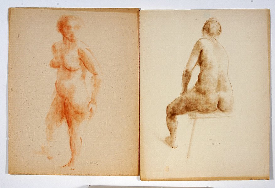 M. Cheiney. Nude Sketches.: M. Cheiney. Pair of Nude Sketches. Signed. Not dated. Charcoal on paper. Some tears to edges and browning of paper, otherwise good condition. 19” x 25” each. Est. $100-200. Ship: $45