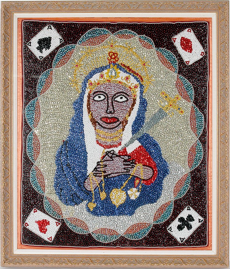 Haitian Voodoo Flag. Queen Of Hearts.: Haitian Voodoo Flag. Queen Of Hearts. Not signed. Pearls, sequins and beads sewn to nylon backing. Excellent condition. Beautiful image. Size with frame is 30” w x 35”h. Est. $400-800. Ship: $75