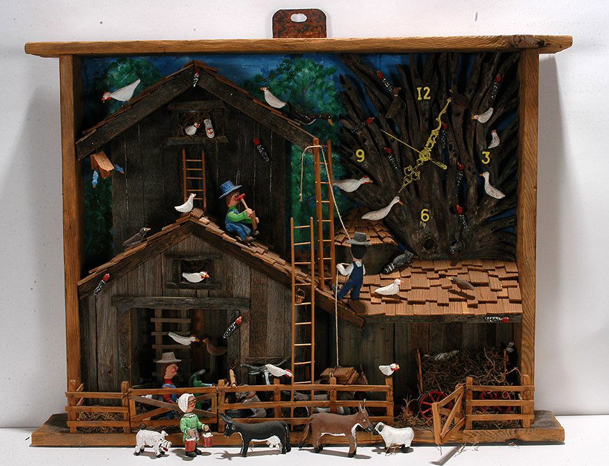 Dick Moshier. Working On Family Farm: Dick Moshier. Working On The Family Farm. 1997. Signed and dated. Carved and painted wood with mixed media. Excellent condition. 27” x 20”x 4”. Est. $300-500. Ship: $85