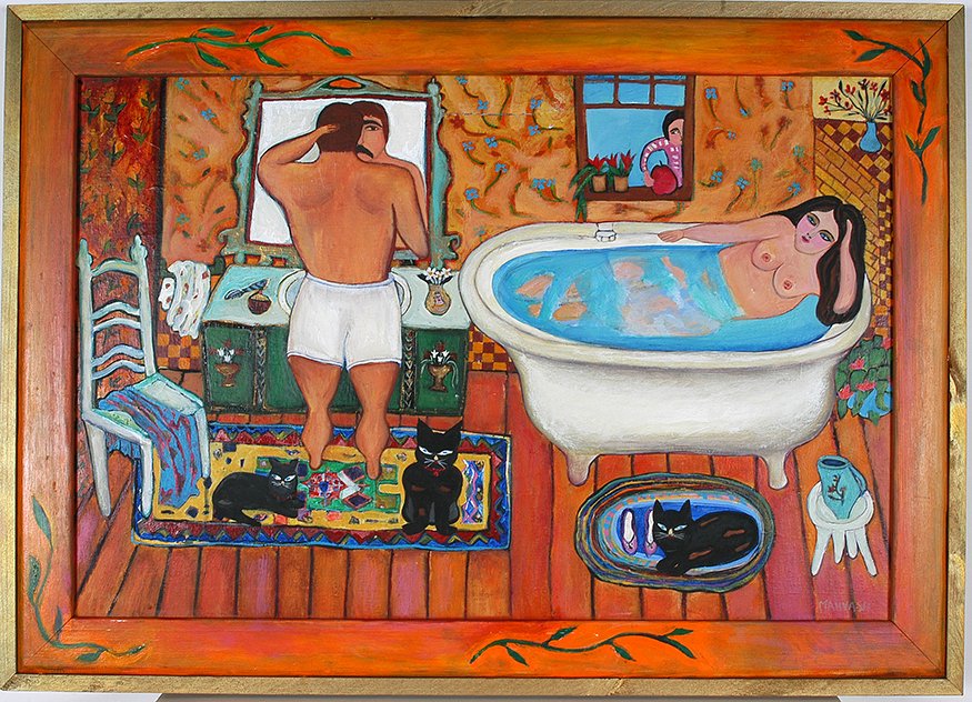Mahvash. Woman In Tub & Man At Mirror.: Mahvash. View Of Woman In Tub And Man At Mirror. Signed. Not dated. Oil on canvas with artist painted painted frame. Tear at top center, otherwise good condition. 41”x 30”. Provenance: Morgan Rank