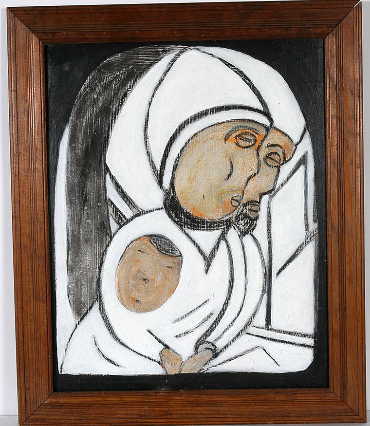 Albert Wagner. Madonna.: Albert Wagner. Madonna. Signed. Not dated. Paint and charcoal on found board. Excellent condition. Size with frame is 20” w x 24”h. Est. $200-400. Ship: $45