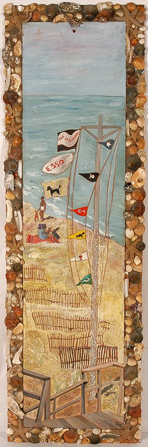Betty Wright. Last Resort.: Betty Wright. Last Resort. Signed. Not dated. Paint and sand on board with artist decorated sea shell frame. 16” w x 52”h. Good condition. Est. $100-200. Ship: $85