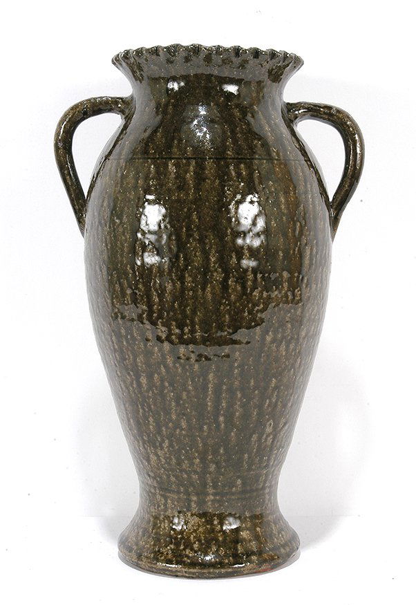 Lanier Meaders. Rare Large Fluted Rim Vase.: Lanier Meaders. Rare Large Fluted Rim Vase. c. 1970's. Signed and additional "L.28" on bottom. Beautiful dark green tobacco spit glaze. Mint condition. 15.5". Est. $2,000-3,000. Ship: $85