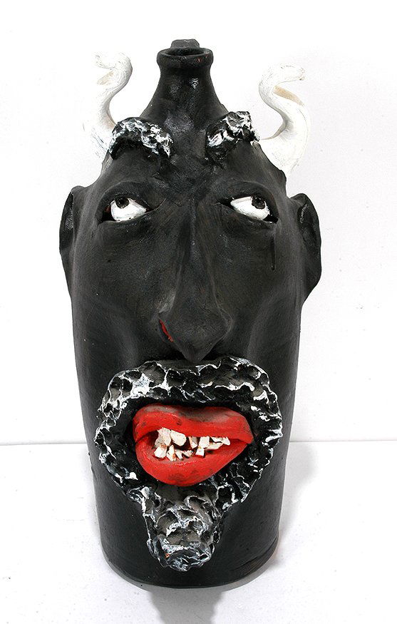 Robert Brown. Black Devil Face Jug.: Robert Brown. Black Devil Face Jug.1987. Initialed and dated. Mixed paints and glazes. Mint condition. 15.5"h. Est. $1,000-1,500. Ship: $100