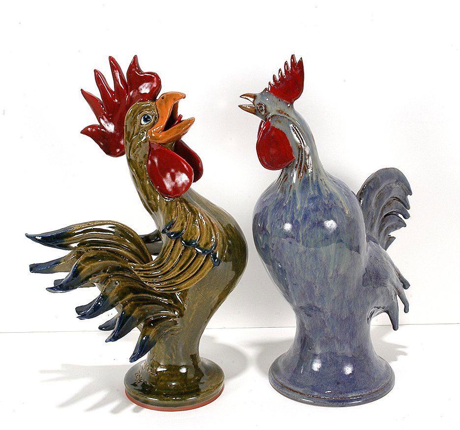 Rex Hogan & Charlie West. Colorful Roosters.: Rex Hogan & Charlie West. Colorful Roosters. Multi-colored glaze. Mint condition. 13.5". Est. $400-800. Ship: $100. The Meaders' Pottery family tradition started in 1892. David, son of Reggie Meaders,