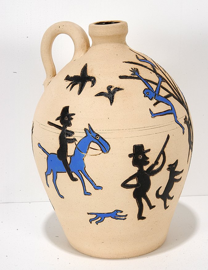 Rodney Leftwich. Bill Traylor Style Jug.: Rodney Leftwich. Bill Traylor Style Jug. Signed and titled. Painted ceramic with etching. Mint condition. 9" h. Est. $200-300. Ship: $45. The Meaders' Pottery family tradition started in 1892. David,