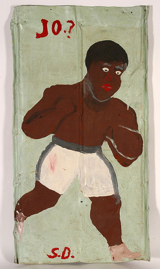 Sam Doyle. Jo?: Sam Doyle. Jo? Initialed. Paint on found roofing tin. Environmental wear, otherwise excellent condition. 25" w x 48" h. Upper right corner, original price of piece written by Doyle. He later painted o