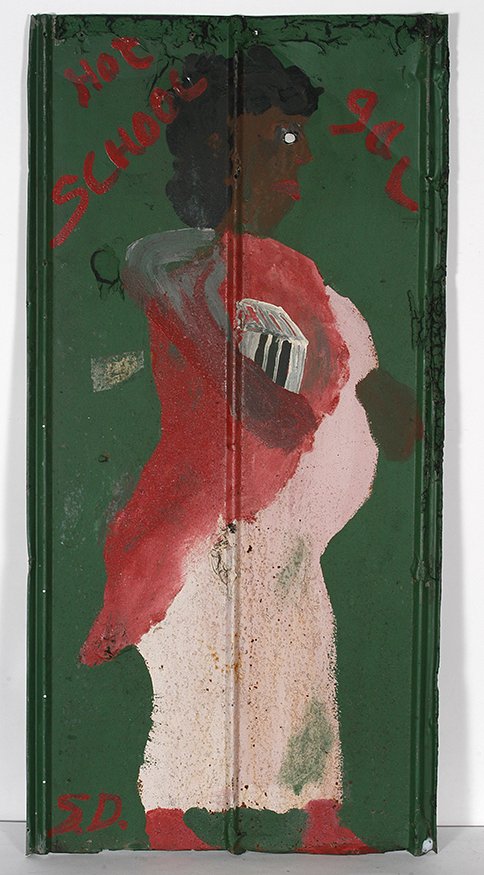 Sam Doyle. Hot School Gal.: Sam Doyle. Hot School Gal. Initialed and titled on front. Paint on found roofing tin with some environmental rust and tar. Great condition. 25" w x 51". Provenance: Ricco Maresca Gallery. Est. $8,000-