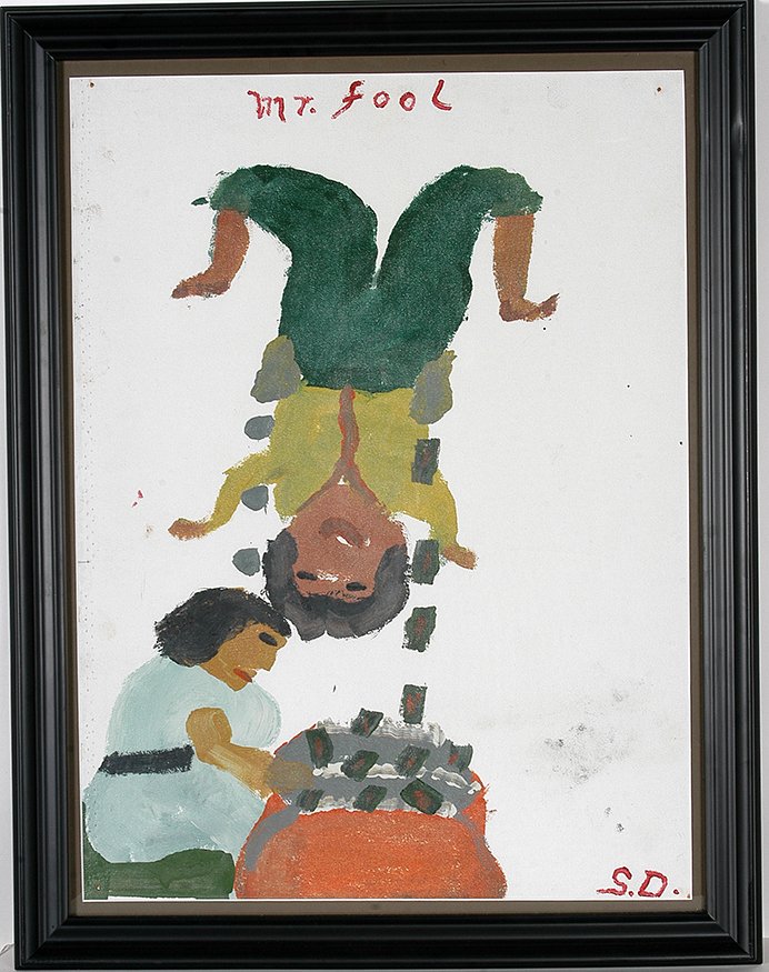 Sam Doyle. Mr. Fool.: Sam Doyle. Mr. Fool. Initialed and titled. Paint on canvas window shade. Image is 16.5" w x 22.5" h. Frame is 20.5w x 27". Est. $2,000-4,000. Ship: $55