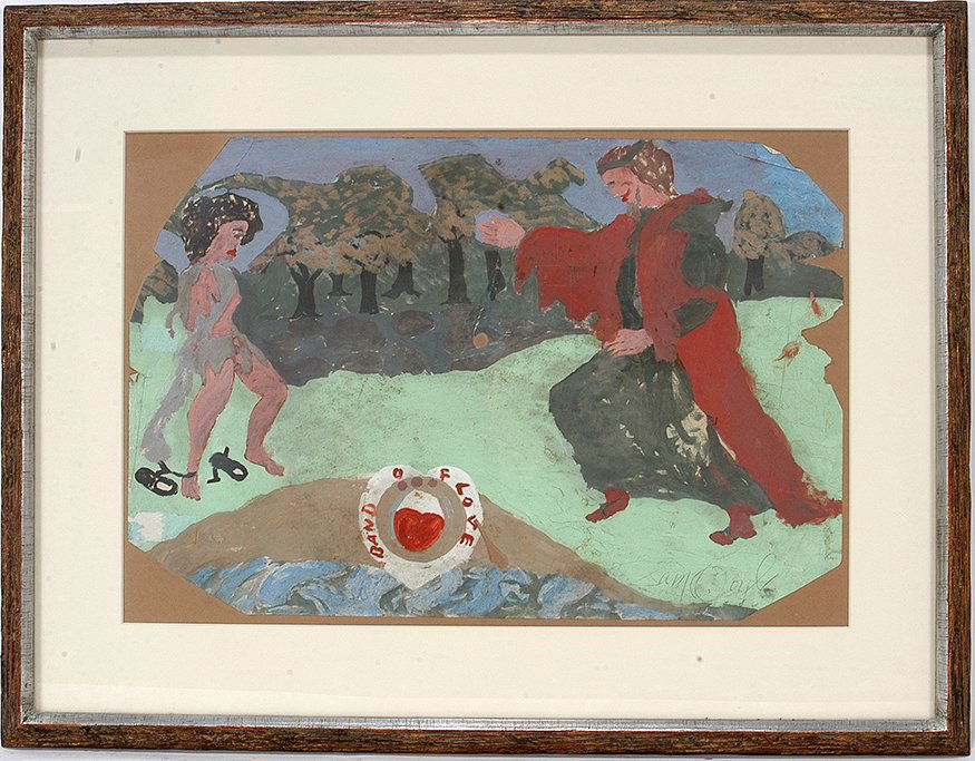 Sam Doyle. Band Of Love.: Sam Doyle. Band Of Love. Signed and titled. Paint on found paper. Some loss and missing corners, otherwise good to fair condition. Image is 17" w x 12". Frame is 24" w x 18". Est. $1,000-1,500. Ship: