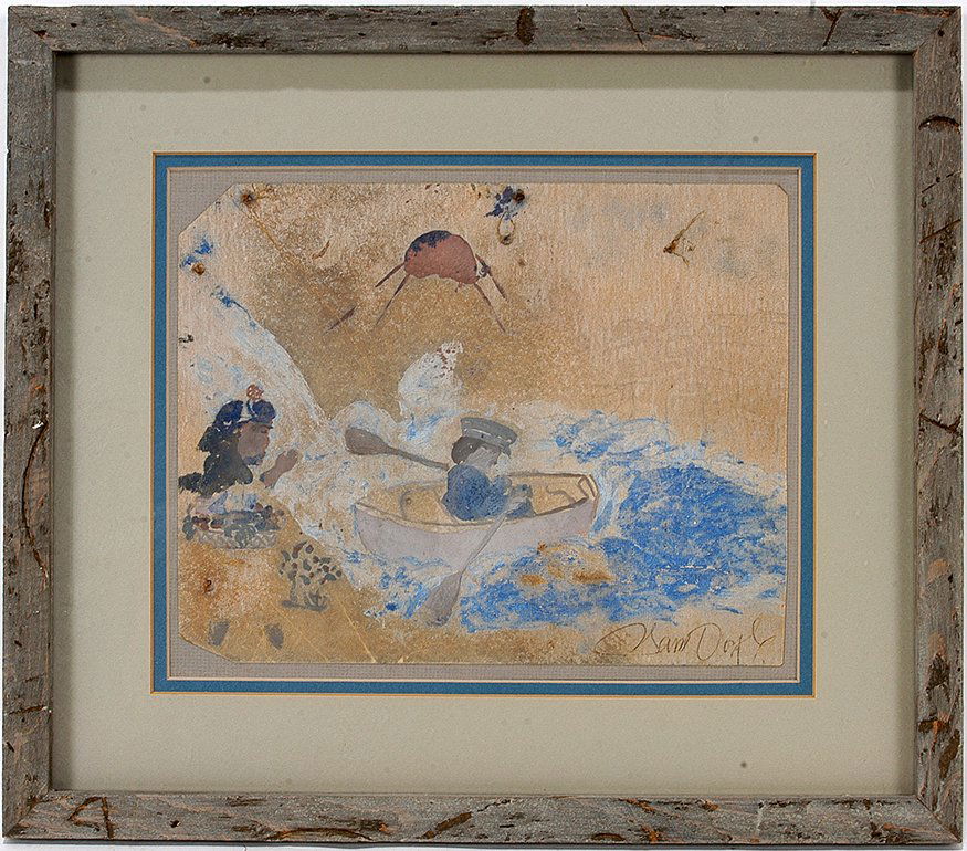 Sam Doyle. Rowing To Shore.: Sam Doyle. Rowing To Shore. Signed. Not dated. Paint on found cardstock. Some fading and missing corners, otherwise good to fair condition. Image is 11" w x 9". Frame is 17w x 15". Est. $1,000-1,500.