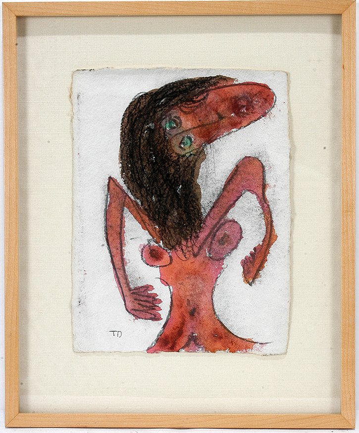 Thornton Dial. Nude.: Thornton Dial. Nude. Initialed. Not dated. Watercolor and marker on rag paper. Excellent condition. Image is 9.5" w x 12.5". Frame is 15" w x 18". Est. $400-800. Ship: $35